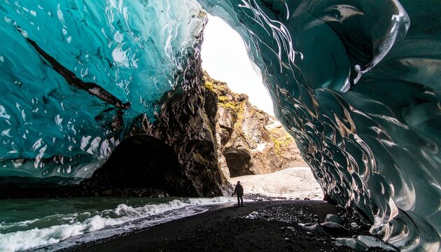 Icy glacier cave with turquoise light filtering through frozen walls, intricate ice textures, arctic 4k imagem