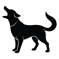 Black silhouette of a dog howling with its head raised and tail curled white