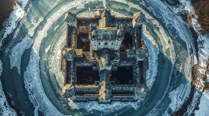 An aerial view of a grand, ancient castle surrounded by a frozen moat, showcasing intricate architecture and a majestic winter landscape.