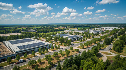 An aerial view of a modern industrial park with numerous buildings featuring solar panels on their roofs, surrounded by lush greenery and under a clear blue sky with white clouds.