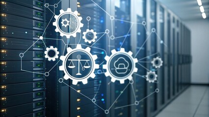A digital illustration displaying interconnected gears and icons over a background of server racks, symbolizing technology and data management.