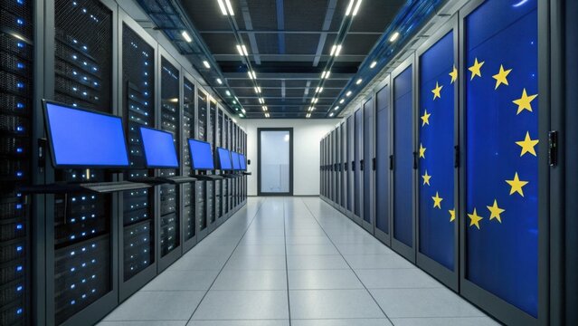 A modern data center featuring server racks and monitors, with a prominent European Union flag displayed on one of the units.