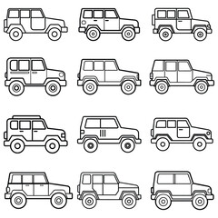 Side view of adventure jeep line art vectors bundle