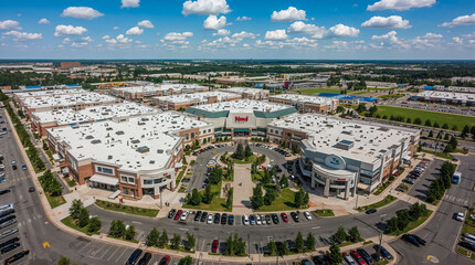 An aerial drone view showcases a large, modern shopping center with a central anchor store and surrounding retail spaces, illuminated by a bright blue sky and scattered clouds.