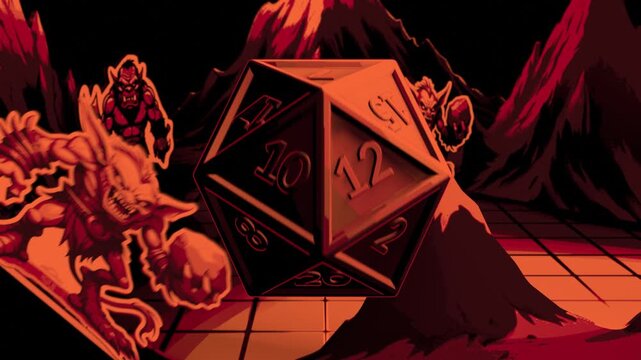 A stylized intro with a game dice d20. Board for playing in DnD with decorative rocks and volcano. The cube stops on the empty side for branding.