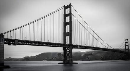 Obraz premium Monochrome view of the Golden Gate Bridge spanning a misty bay, showcasing its iconic towers and suspension cables against a gray sky.