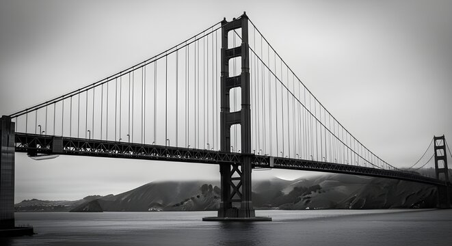 Monochrome view of the Golden Gate Bridge spanning a misty bay, showcasing its iconic towers and suspension cables against a gray sky. - Powered by Adobe