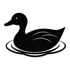 Black silhouette of a duck swimming on water with ripples white