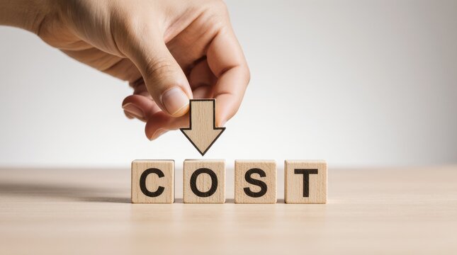 Wooden COST blocks with a hand placing a down arrow and percent sign, bright scene, clear business theme for savings or decrease.
