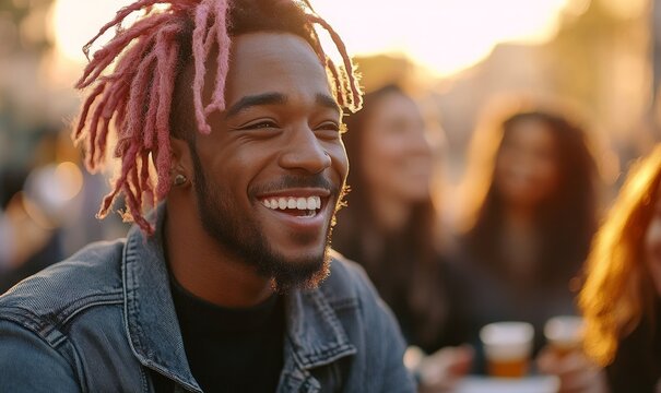 Happy Black man with pink dreadlocks laughing and socializing with a group of multiethnic friends outdoors at golden hour, Generative AI