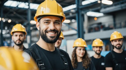 A central leader among diverse workers in yellow helmets, set in a warm industrial space, radiates unity, determination, and team spirit.