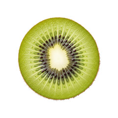 A single, vibrant kiwi fruit, perfectly sliced in half, showcasing juicy bright green flesh, white core, and black seeds, centrally isolated on a transparent background in a shadowless studio.