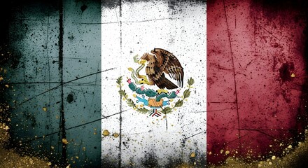 Grunge-textured Mexican flag with national coat of arms.