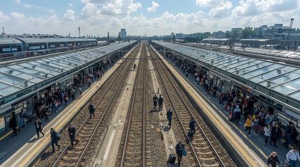 An aerial view of a busy train station with platforms filled with people waiting for trains under a modern glass roof.