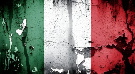 The Italian flag is painted on a weathered, cracked, and distressed wall surface.