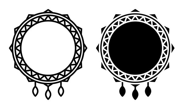 Linear icon. Shamanic drum decorated with magical ornaments and amulets. Simple black and white vector isolated on white background