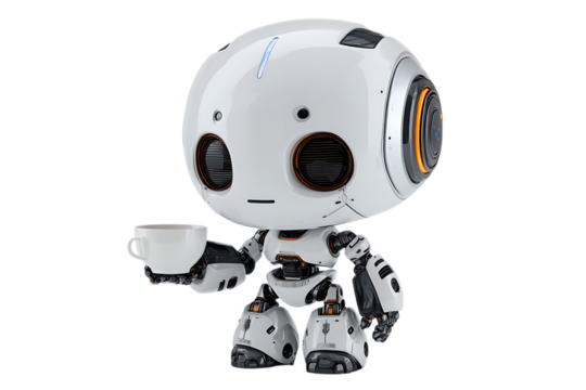 Friendly, cartoonish robot character.