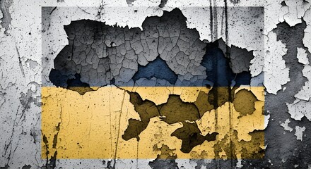Ukraine flag depicted on a cracked, peeling wall, showing distress and damage.