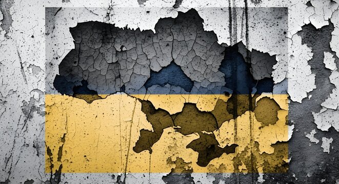 Ukraine flag depicted on a cracked, peeling wall, showing distress and damage.