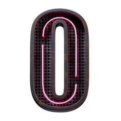 3D illustration of Pink Neon light digit number character 0 font. Neon tube number Pink glow effect in Black rusty metal box.Supports PNG files with transparent backgrounds.