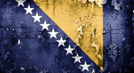 Bosnian flag depicted on a weathered, decaying brick wall.