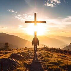 Silhouette of a person walking towards a cross silhouetted against a bright sunrise over mountain range