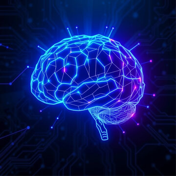 Conceptual illustration of artificial intelligence and deep learning with a glowing digital brain made of circuitry. Ideal for tech, medical AI, machine learning, and innovation concepts.