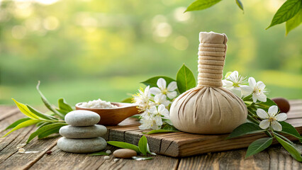 Herbal compress with white flowers and stones on rustic table, green background, spa and wellness theme.