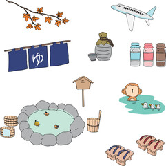 お洒落でラフタッチな温泉旅行に使えるアイコンセット・柿・秋・飛行機・猿