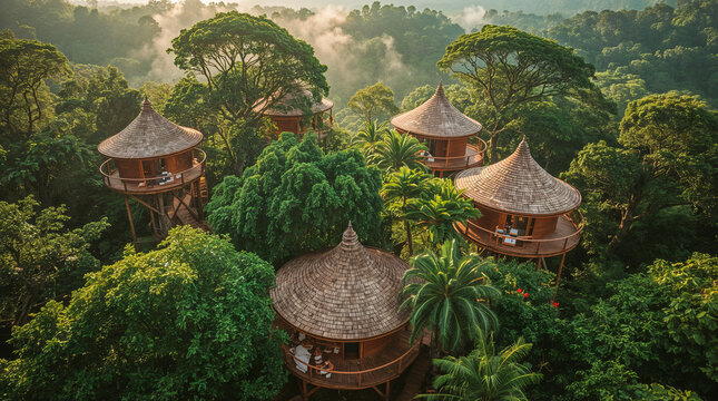 Nestled amidst lush green rainforest, unique conical treehouses offer a serene escape, blending harmoniously with the natural landscape.