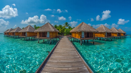 Wooden walkway leads to overwater bungalows with thatched roofs on turquoise waters, under a bright blue sky with scattered clouds. Paradise vacation.