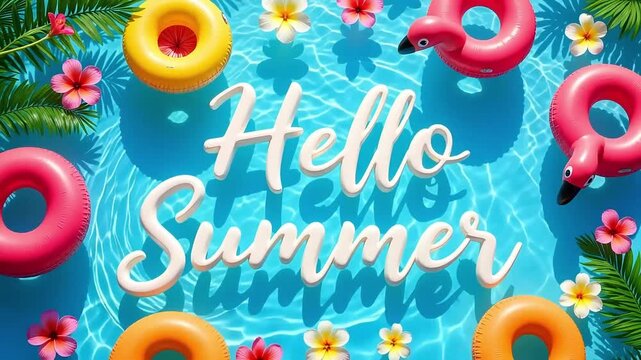 Hello Summer video background with vibrant floats and flowers in sparkling blue water