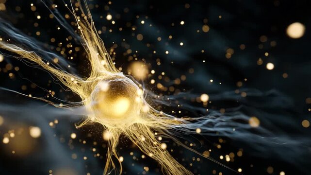 Gold colored blob of something is floating in the air. It is surrounded by a lot of sparkles. stylized cancer cell shattering under cosmic force, gold particles, break cancer cells, targeted therapy