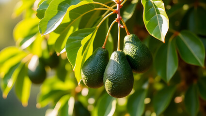 Avocados Hanging from Tree Branches with Glossy Leaves and Filtered Sunlight