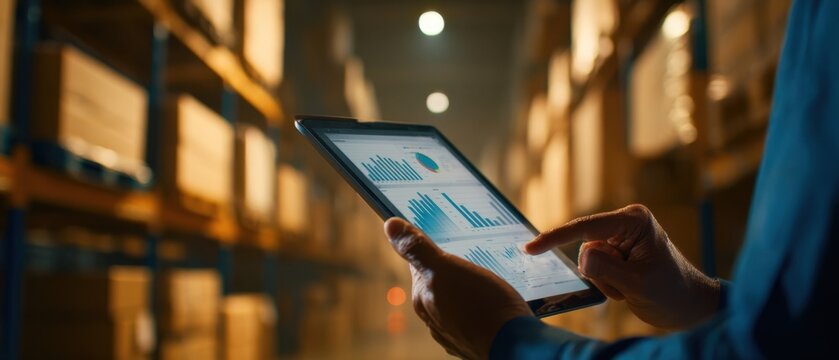 The tablet displaying analytics data in a modern warehouse setting. - Powered by Adobe
