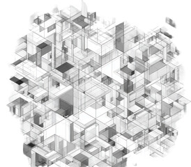 Abstract, complex, 3D geometric shapes in grayscale