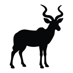 Black silhouette of a kudu antelope with large spiraling horns black and white animal