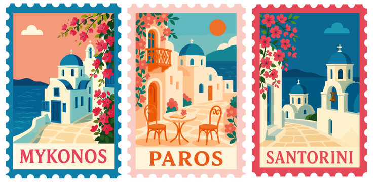SET OF GREECE STAMPS ILLUSTRATION (THE CYCLADES : MYKONOS, SANTORINI, PAROS)