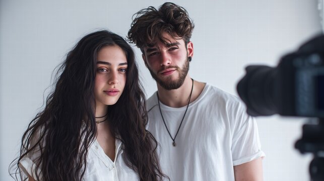 Professional Photographers Creating Social Media Content in Studio, Operating Equipment Under Balanced Lighting