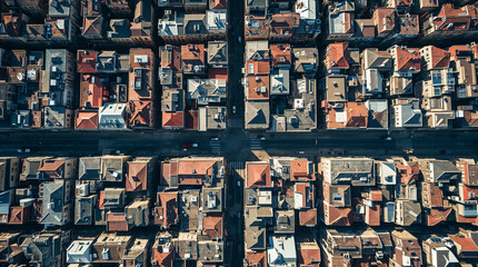 Fototapeta premium Aerial view of densely packed city blocks with rows of apartment buildings and red tiled roofs, intersected by a street with a few cars.