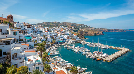 Panoramic view of a charming Mediterranean coastal town with white-washed buildings cascading down to a bustling harbor filled with yachts on a clear, sunny day.