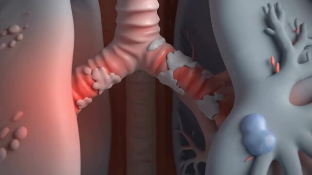 Lungs with cancer in the trachea and bronchiole with nodules on the lung tissue, A 3D rendering of lungs displaying a cancerous tumor and nodules due to the disease, Asthma