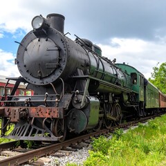 Naklejka premium Vintage steam locomotive on tracks