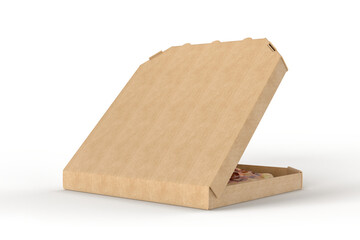 Realistic 3d pizza packaging mockup template. Empty delivery food carton cardboard kraft texture square box container isolated on background. For branding restaurant delivery, fast food lunch and ads