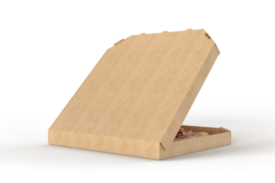 Realistic 3d pizza packaging mockup template. Empty delivery food carton cardboard kraft texture square box container isolated on background. For branding restaurant delivery, fast food lunch and ads