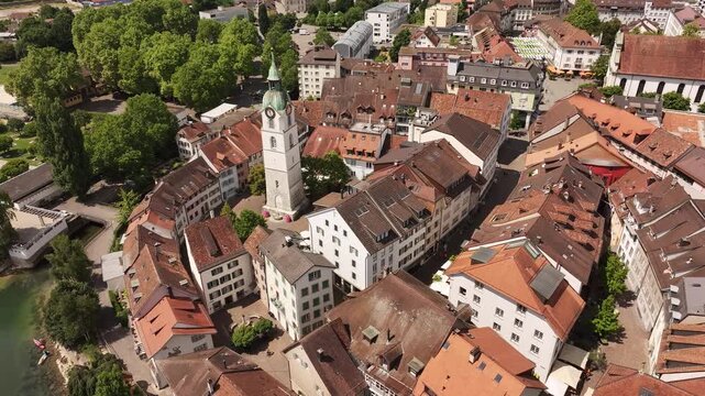 Aerial view of Olten old town and iconic clock tower in Solothurn, Switzerland, on a sunny day.
