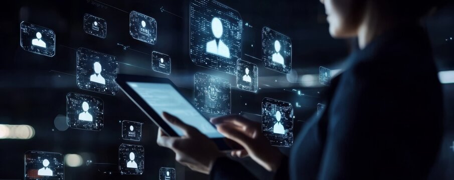 Individual interacting with a tablet showcasing a digital recruitment interface.