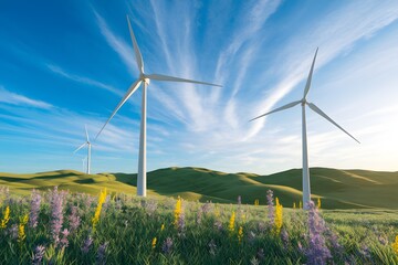Wind turbines stand tall amidst a vibrant spring meadow.
