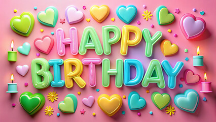 Colorful happy birthday balloons and hearts arrangement with lit candles on a pink background