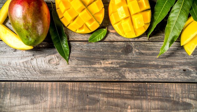 mango Fresh and juicy organic green apples and other healthy fruits and vegetables on a rustic wooden table